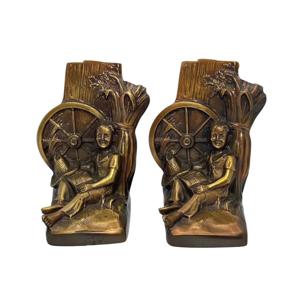 Mid 20th Century Tom Sawyer Huck Finn Bronzed Finish Metalware Bookends - A Pair
